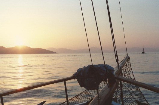 A Turkish gulet gliding across the bay