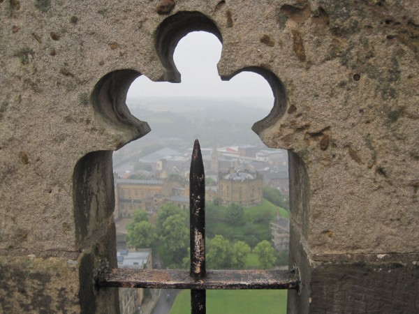 A rainy day on Durham Cathedral roof looking down on the Castle