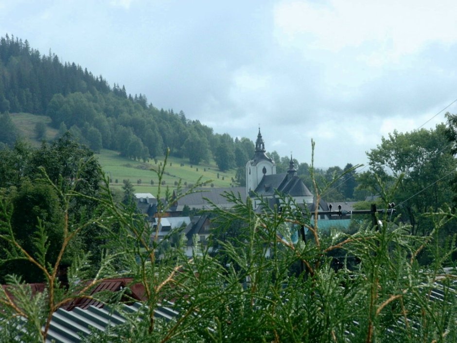 View from our hotel gardens of the church in Poronin