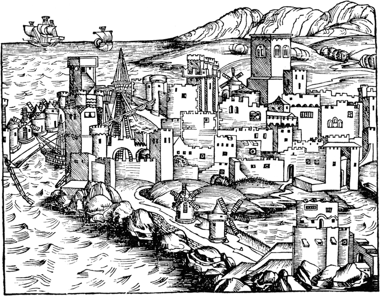 Woodcut of Rhodes  from the Nuremburg Chronicles 1493- also Wikipedia