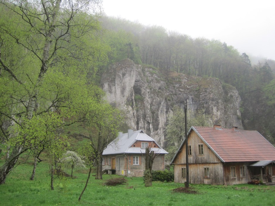 The cliffs tower protectively behind the homes