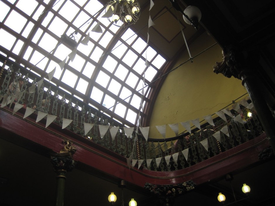 The glass-panelled arched ceiling of Malt Cross Cafe in Nottingham