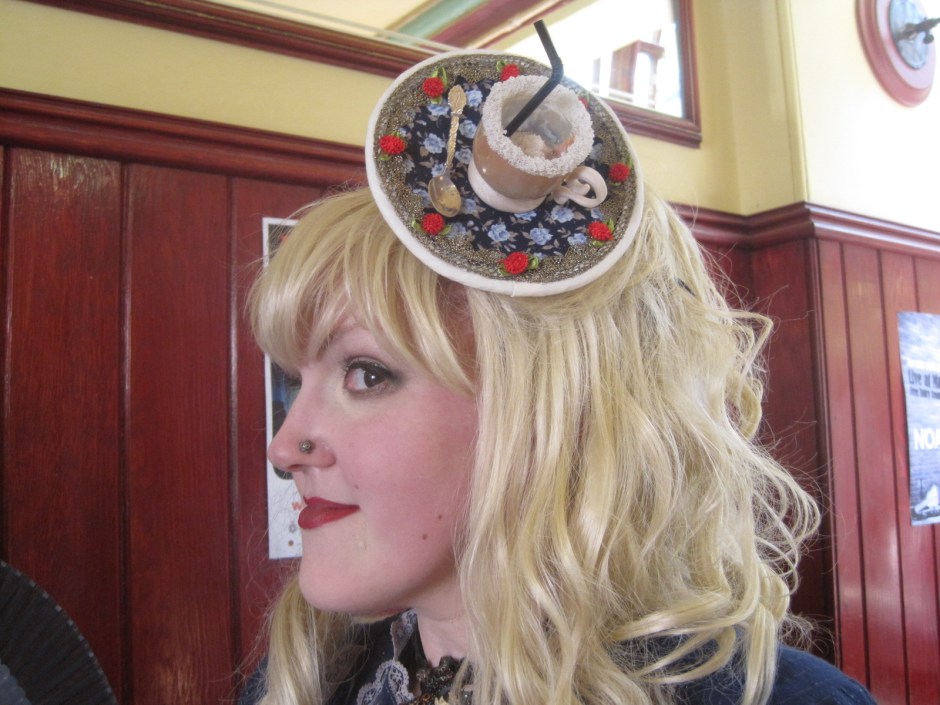 Lisa in the teacup fascinator she made. 