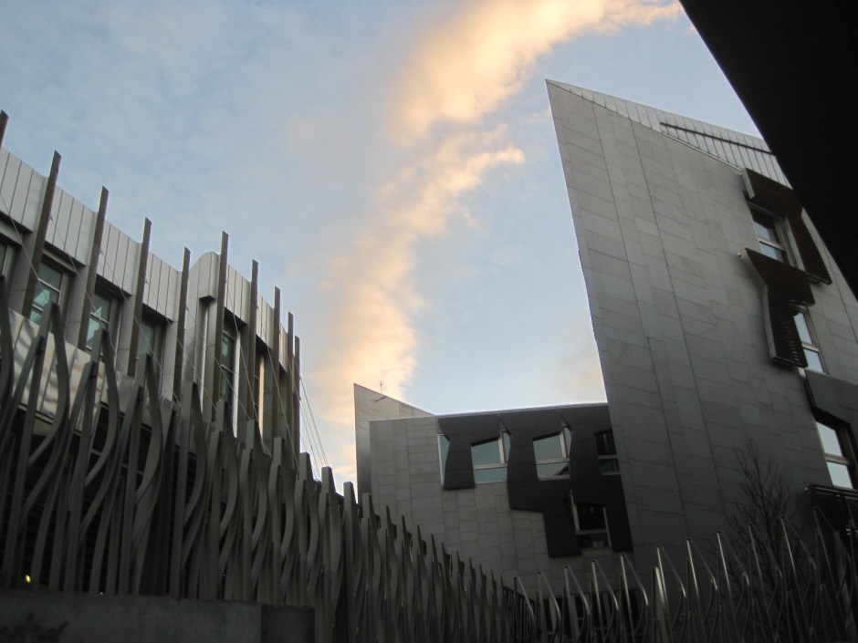 Over the distinctive architecture of the Scottish Parliament