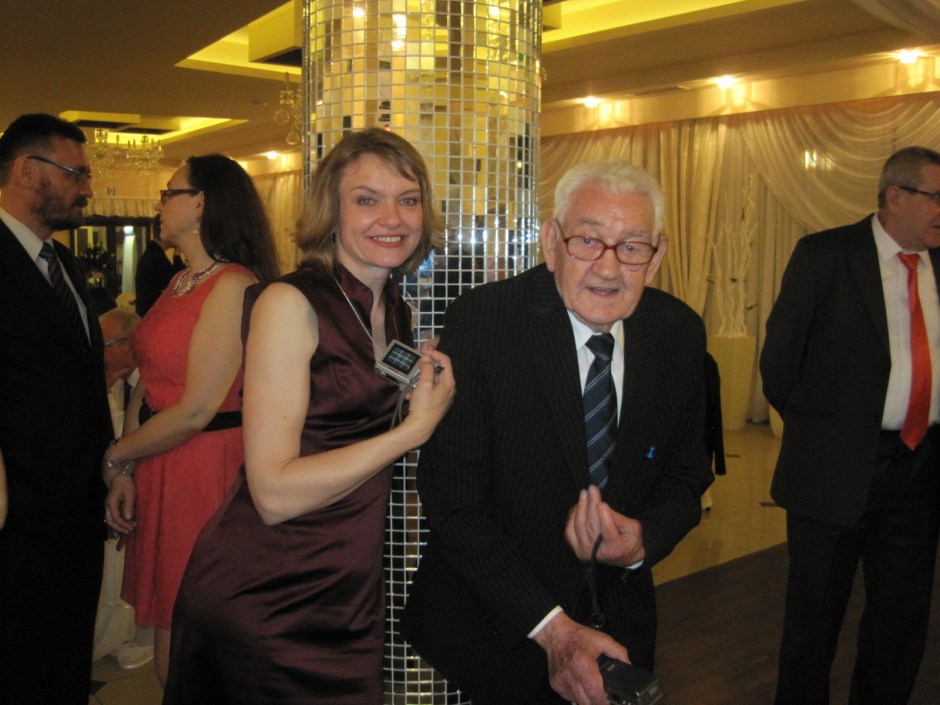 Dad 'dancing' with his walking stick and cousin Irena