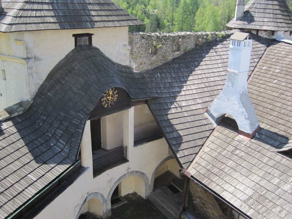 Looking down on the curvaceous roofs
