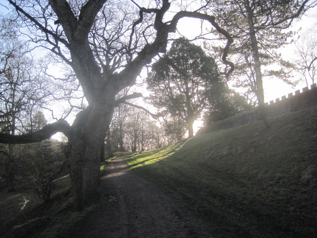 The path drops away from the castle walls 